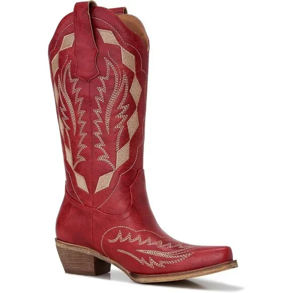 Women’s Faux Leather Mid Calf Red Embroidery Stacked Heel Western Boots - Picture 3 of 7